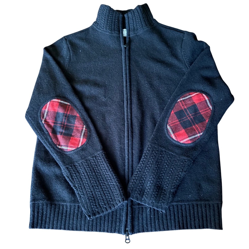 Pendleton | Large | Black Lambs Wool Full Zip Cardigan | Plaid Elbow Patches